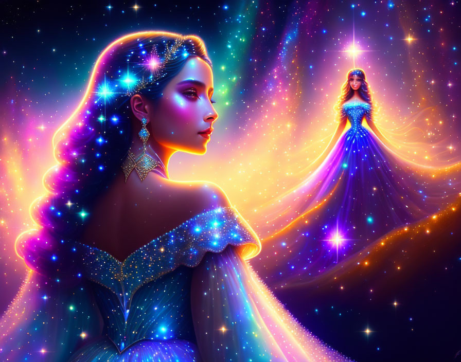 Digital Art: Two Women in Cosmic Dresses on Starry Background