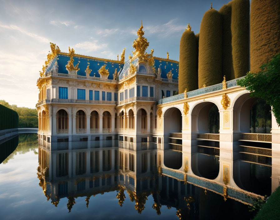 Baroque palace with gold trimmings, reflecting in water with topiary trees at dawn or