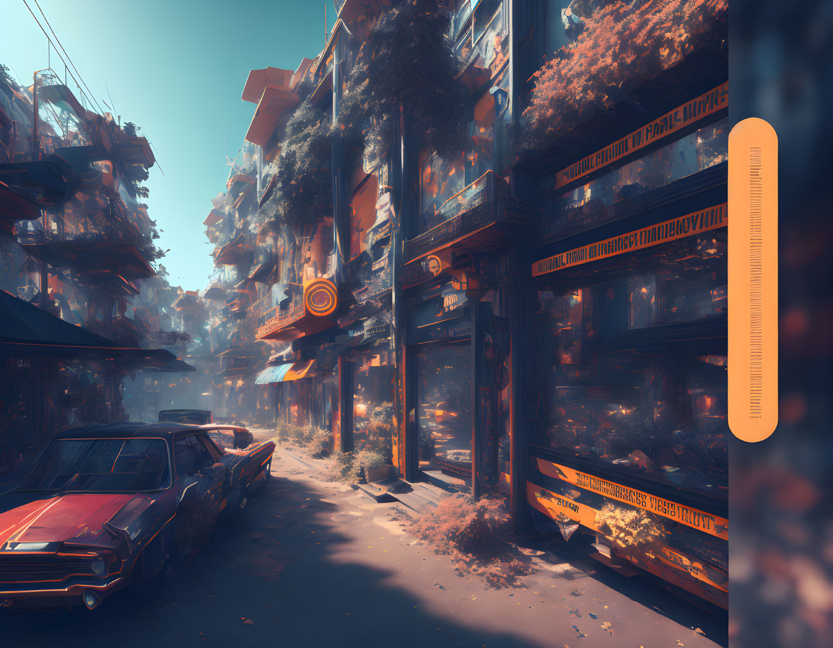 Abandoned futuristic city street with overgrown foliage, neon signs, and deserted buildings