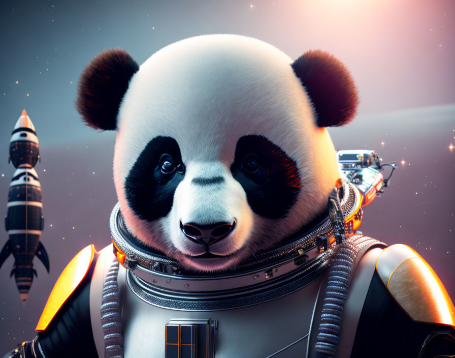 Panda in astronaut suit with spaceships in space