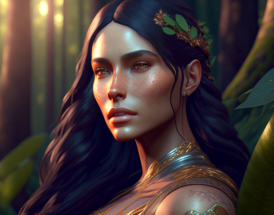 Digital portrait of woman with freckles, gold laurel, and shoulder armor in forest.