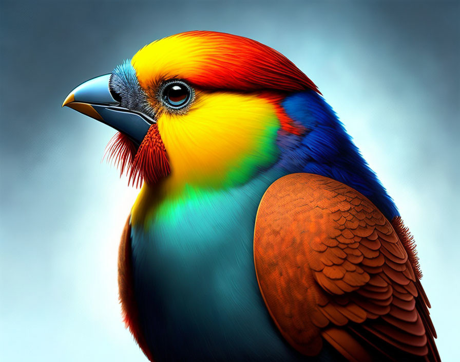 Colorful Bird Close-Up with Vibrant Plumage on Blue Background