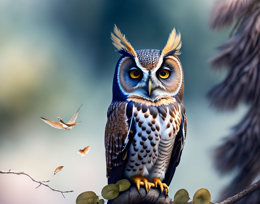 Colorful Owl Illustration with Blue Eyes on Branch and Flying Birds