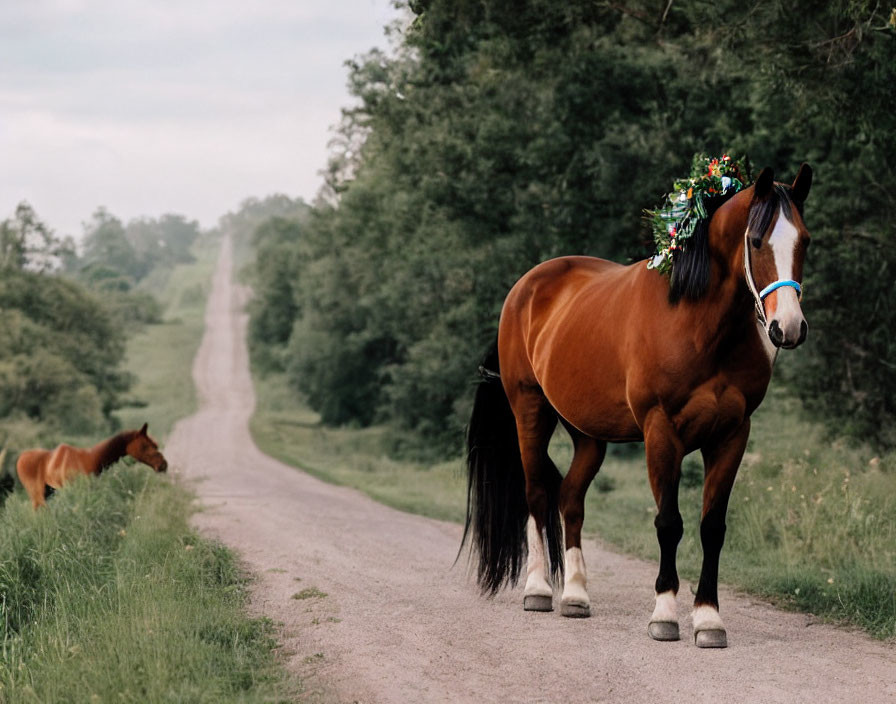 Chestnut horse with floral wreath on country road grazing horse in background