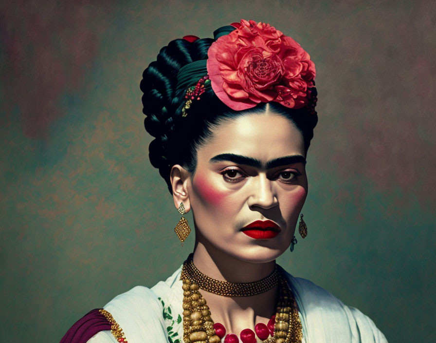 Traditional hairstyle woman portrait with red flower, gold accessories