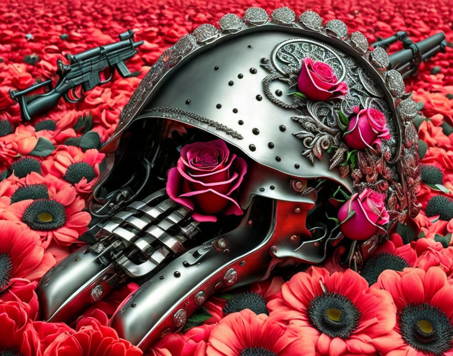 Knight's helmet with roses and rifle amidst red flowers - chivalry and warfare merge