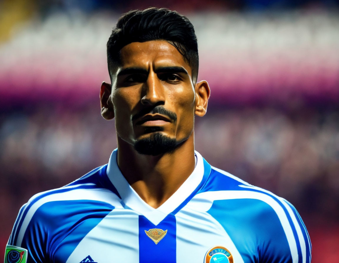 Bearded man in striped soccer jersey at stadium