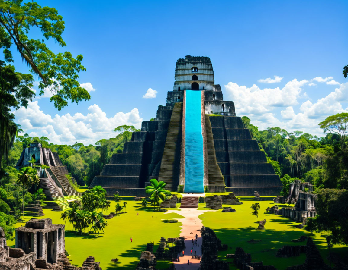 Ancient Mayan pyramid in lush jungle under clear blue sky