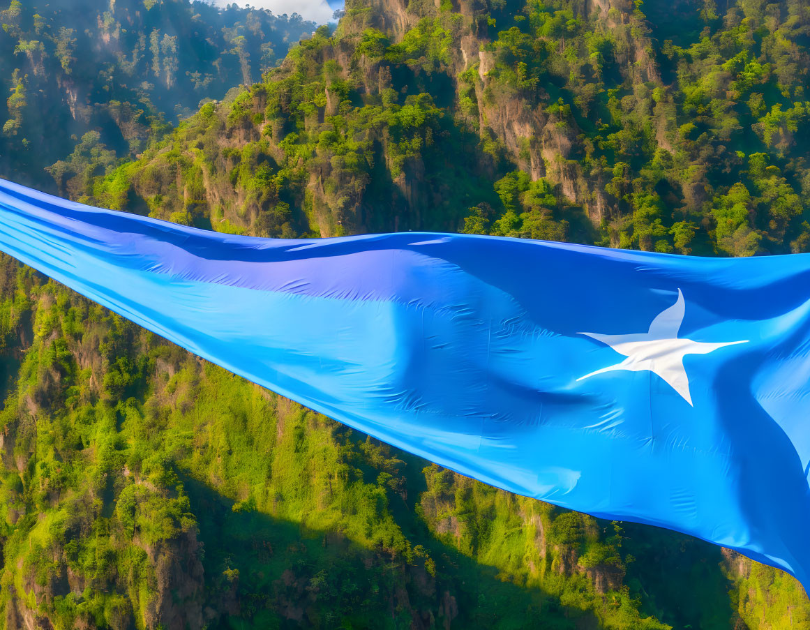 Vibrant blue flag with white star against green mountains