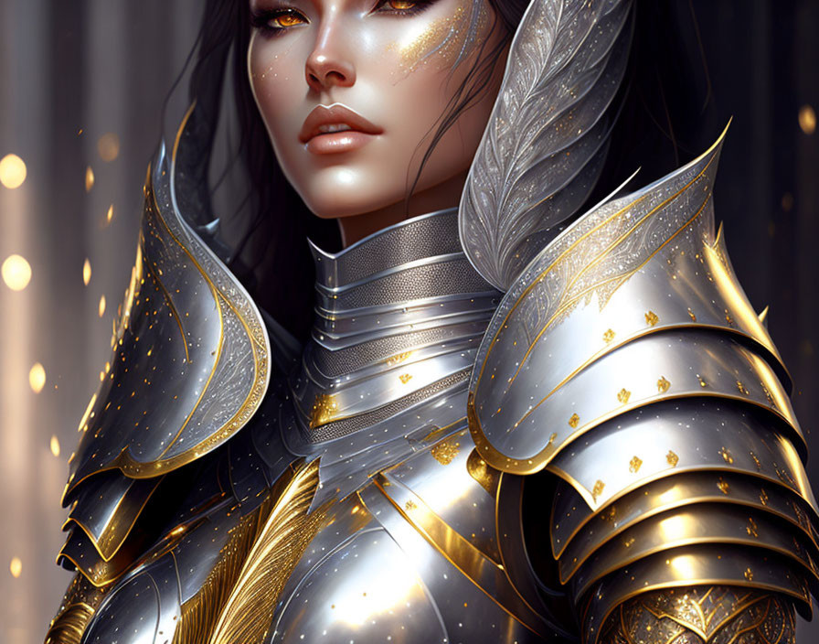 Female warrior in ornate silver and gold armor with intricate engravings and golden sparkles.