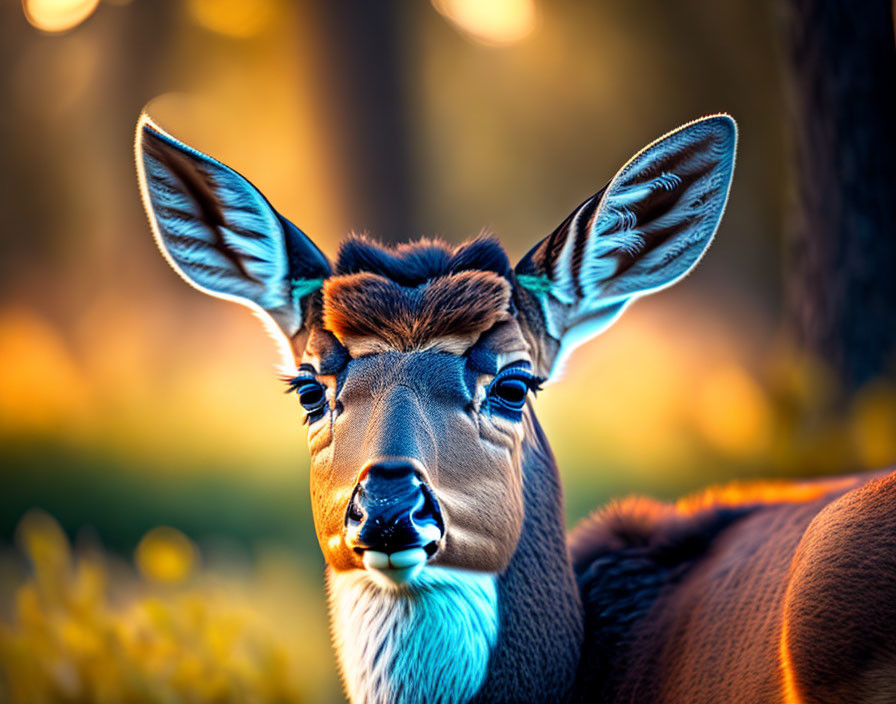 Close-up of kudu with large ears and striking eyes in savanna sunset.