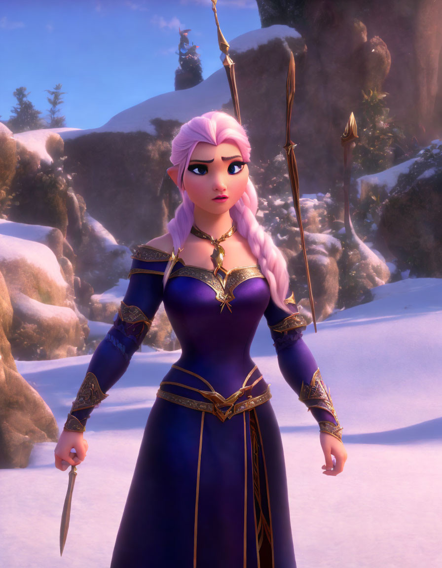 Animated female character in royal blue dress with bow and arrow in snowy landscape