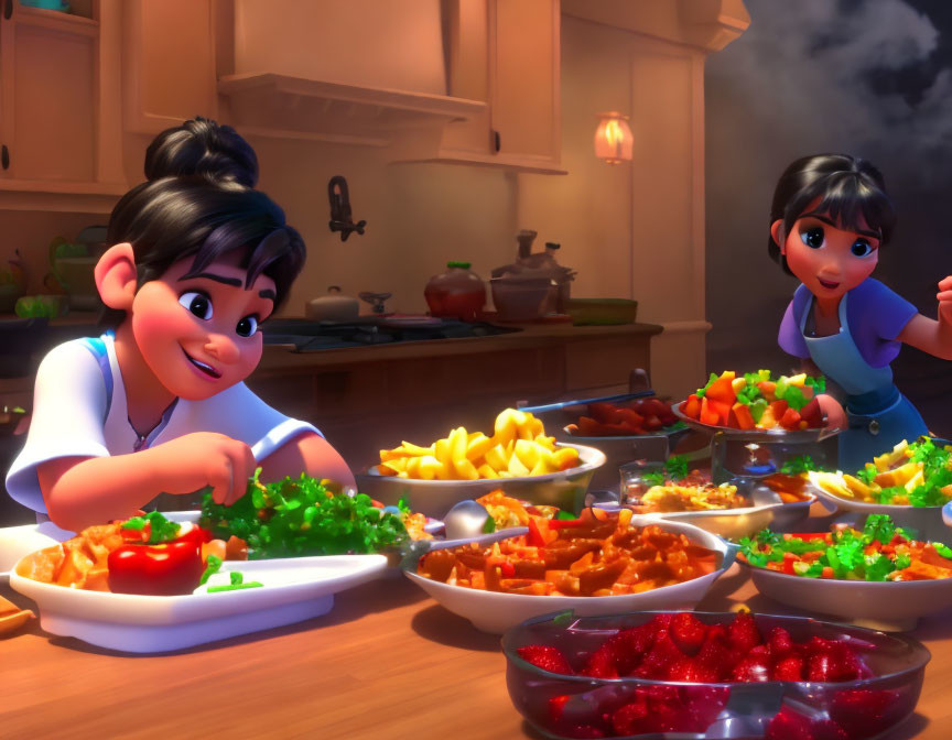 Colorful Dishes Spread on Kitchen Table with Two Animated Girls