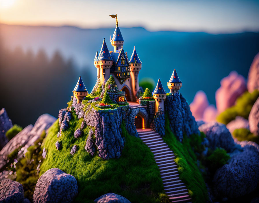 Miniature fairy tale castle with blue roofs on lush hill against blurred sunset or sunrise mountains