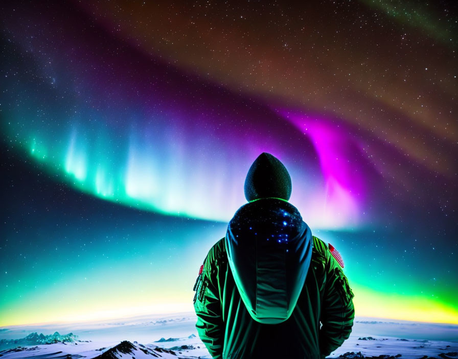 Person in winter clothing views vibrant aurora borealis under starry sky