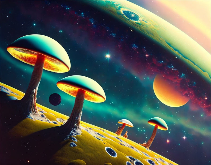 Colorful Psychedelic Space Scene with Glowing Mushrooms on Alien Planet