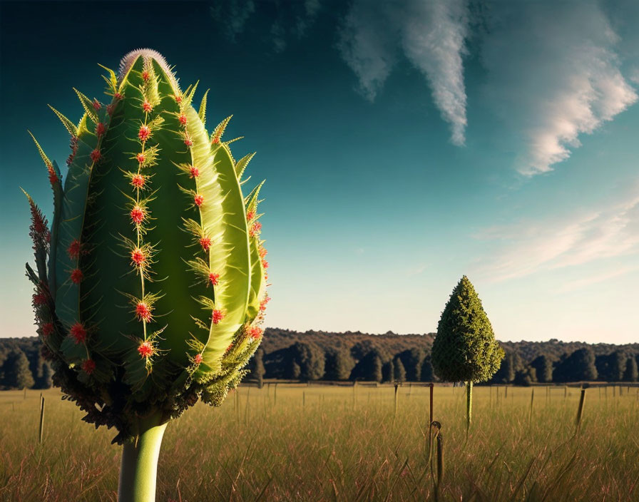 Surreal oversized cactus resembling a hot air balloon in grassy field