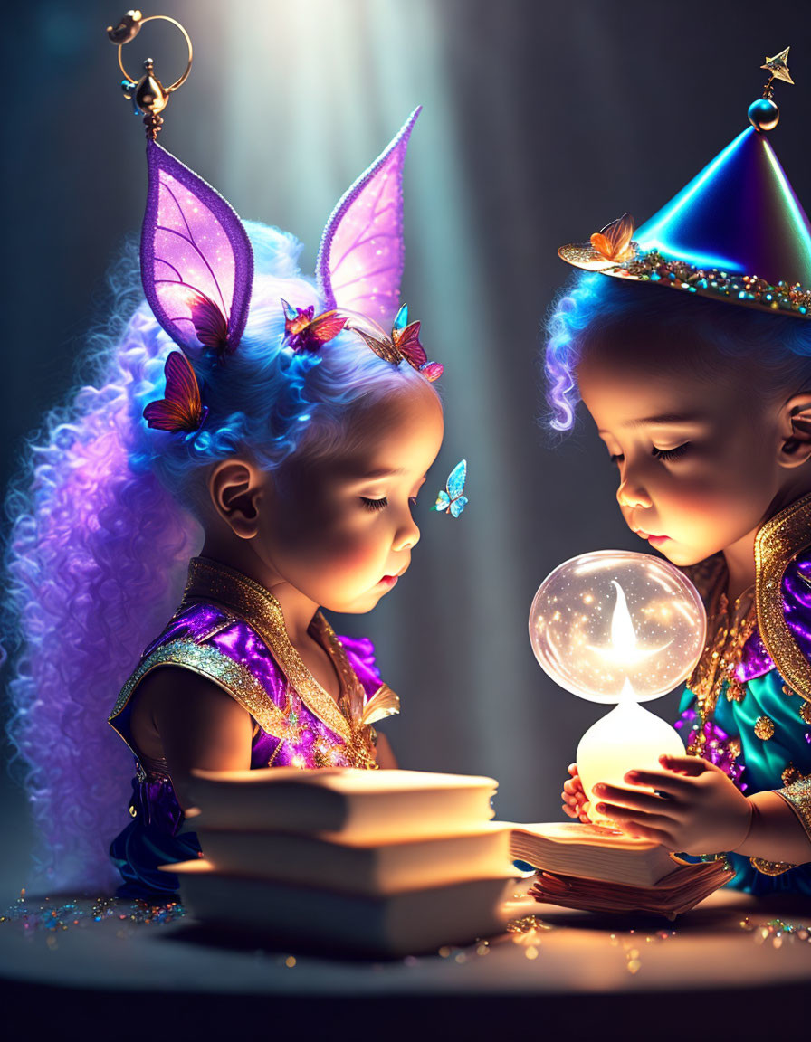 Children in fairy costumes with glowing wings and crowns, one holding a luminous orb amid magical spark