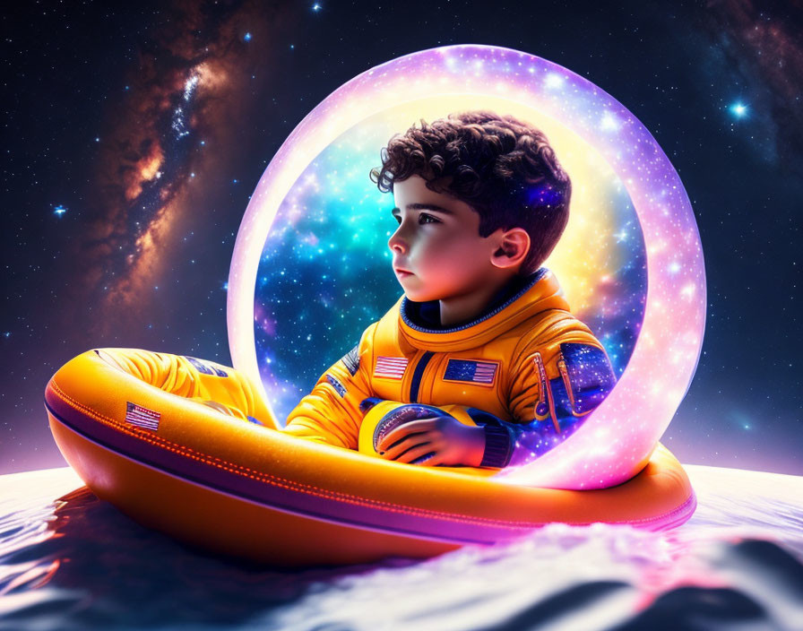 Young astronaut in orange suit floats in cosmic aura.