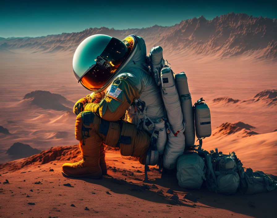 Astronaut in space suit kneeling on Martian surface with mountain background.