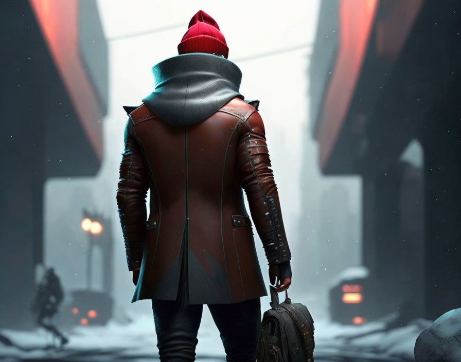 Futuristic figure with suitcase in snowy urban setting