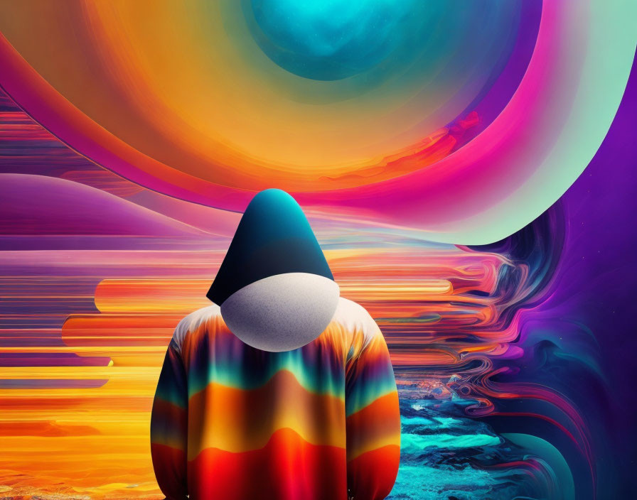 Surreal person in conical hat against vibrant abstract background