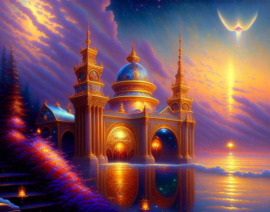 Glowing fantasy castle under starry sky with crescent moon and vibrant clouds