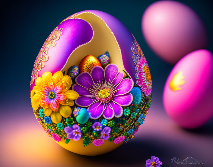 Colorful Decorated Egg with Floral Patterns on Dark Background