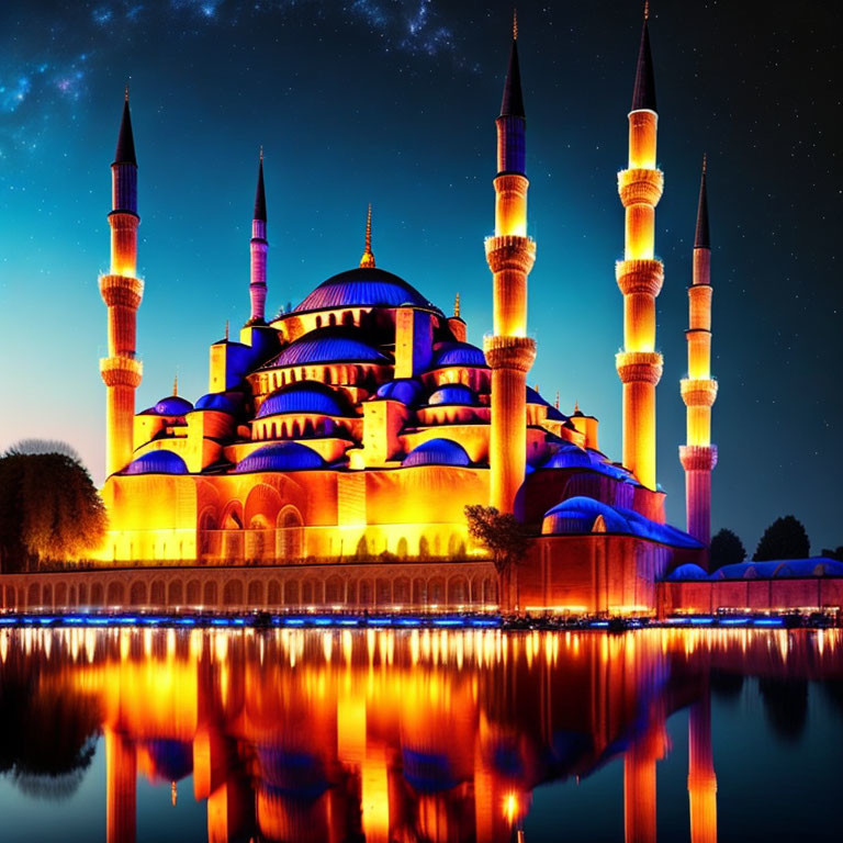 Illuminated Blue Mosque at night with minarets and domes reflecting over water