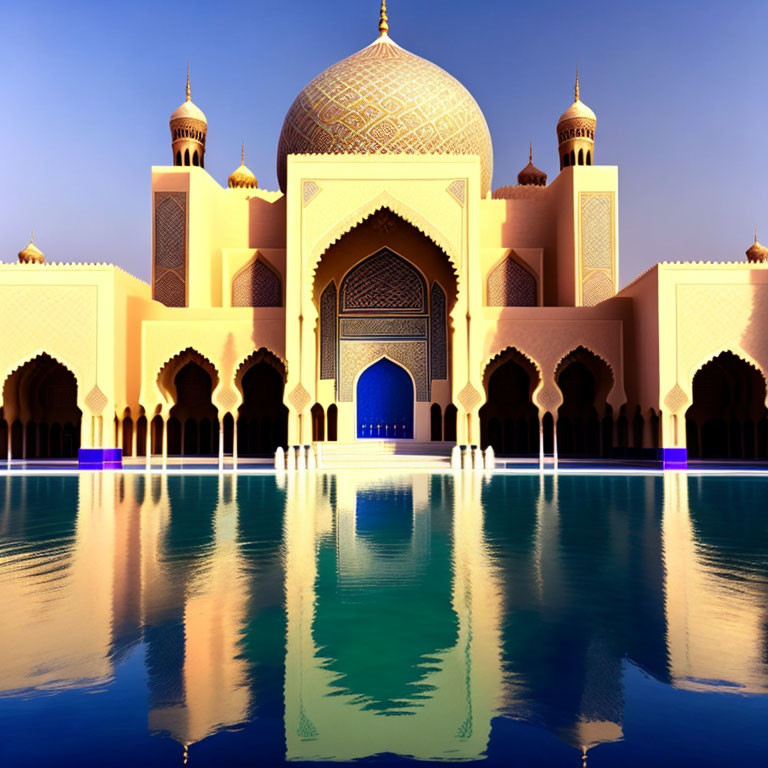 Majestic mosque with golden domes and minarets reflected in tranquil blue water at sunrise or