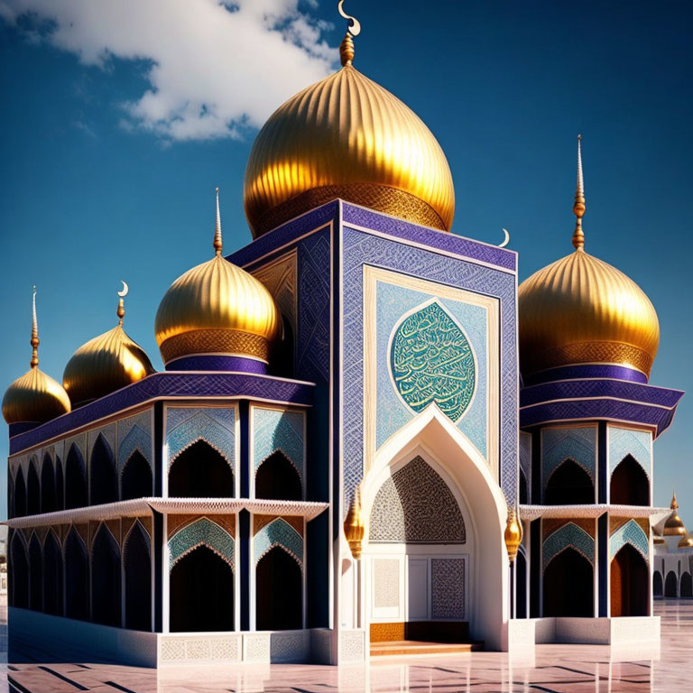 Ornate Mosque with Golden Domes and Blue Patterns