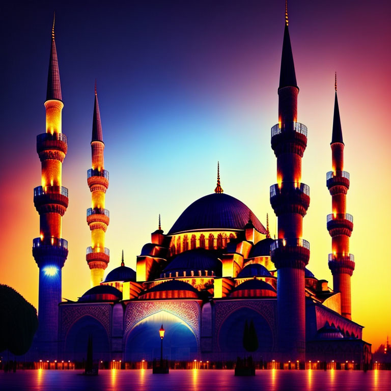 Majestic mosque with multiple minarets at twilight