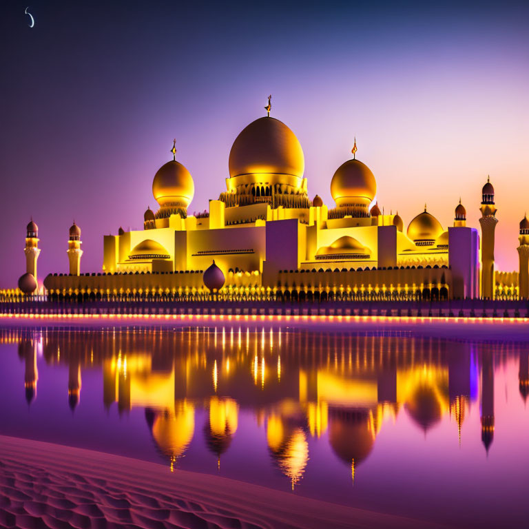 Golden domed mosque with minarets in purple sky reflected on water