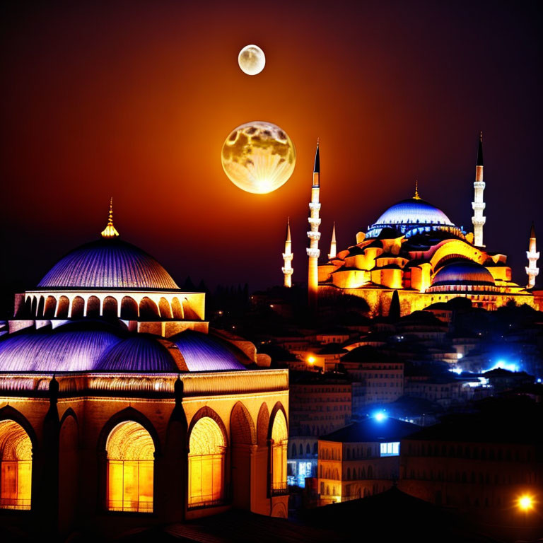 Illuminated Hagia Sophia and Blue Mosque under full moon in Istanbul