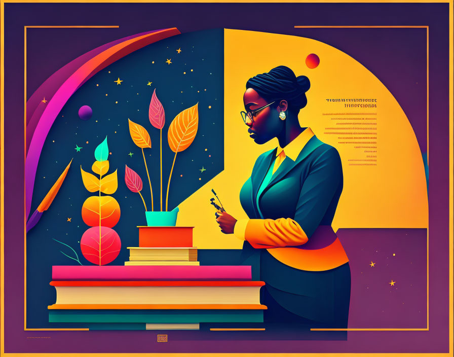 Illustration of woman with glasses, pen, notebook, books, celestial bodies, and plants.