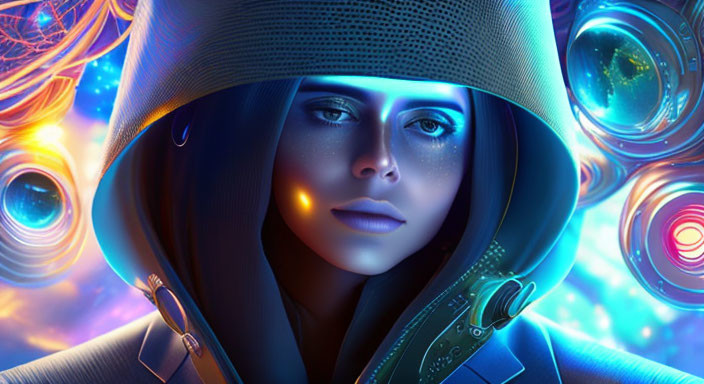 Blue-skinned person in futuristic helmet with cosmic orbs and neon colors