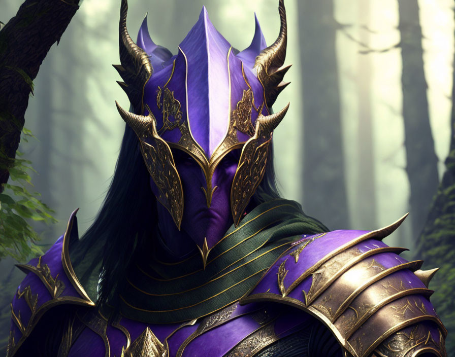 Person in Purple and Gold Armor with Horned Helmet in Misty Forest