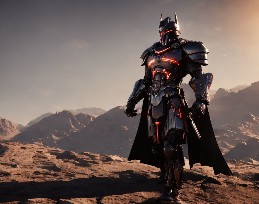 Futuristic knight in armored suit on rocky terrain with desert backdrop