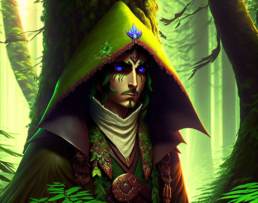 Mystical figure in green cloak with blue feathered hat in enchanted forest