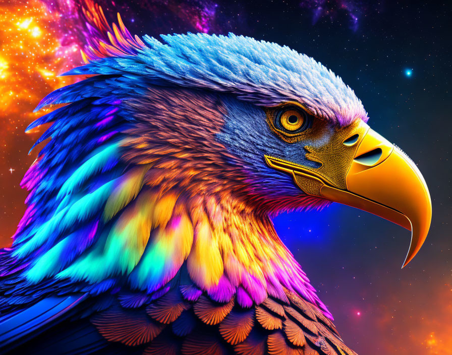 Colorful Eagle Head Artwork Against Cosmic Starry Background