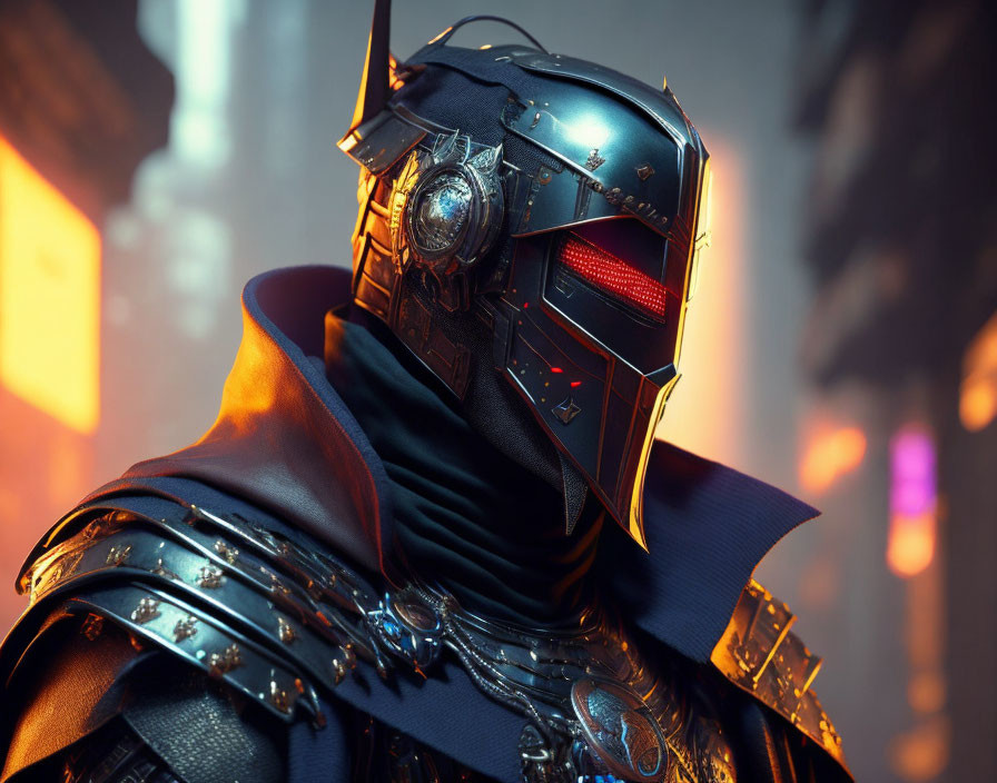 Detailed futuristic knight with glowing red visor and black cloak in urban setting