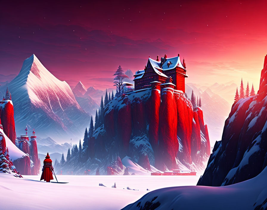 Snowy landscape with red-roofed castles and towering mountains at twilight