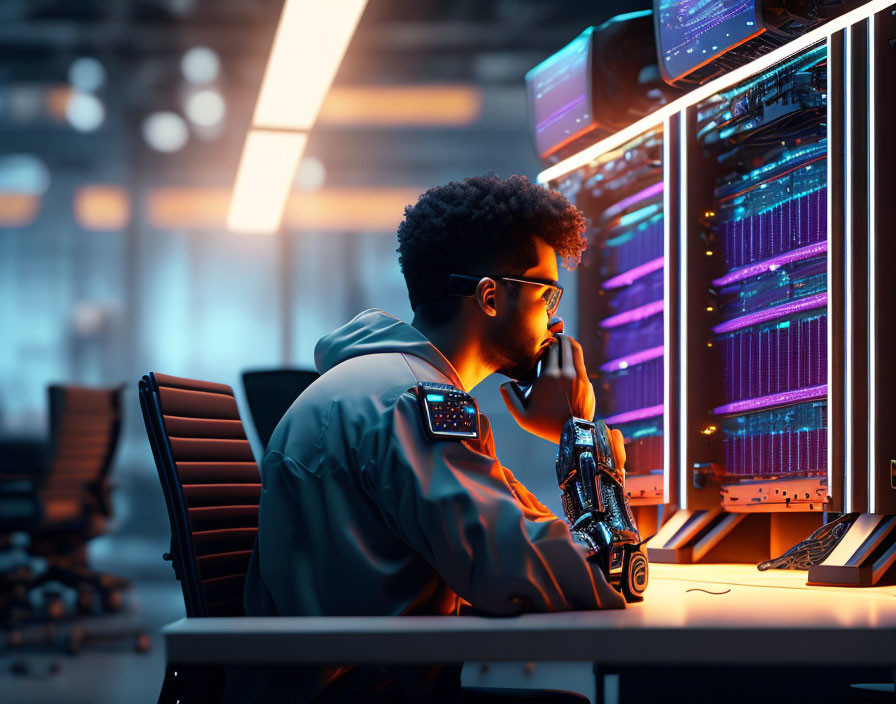 Person with afro and glasses monitors servers in blue and orange lit room