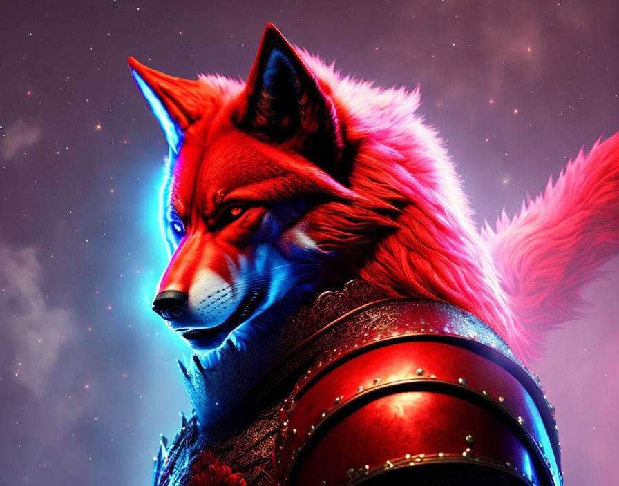 Anthropomorphic red fox in armor with blue eyes on cosmic background