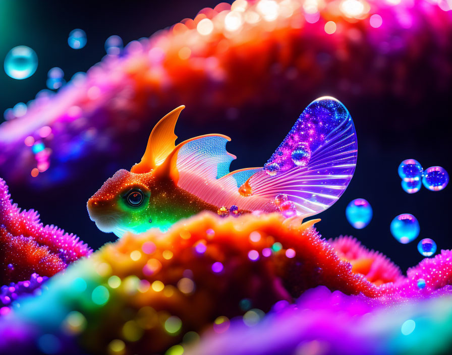 Colorful Mandarinfish Among Coral and Bubbles