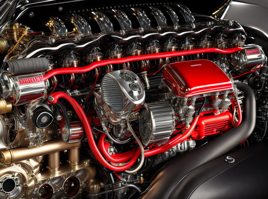 Shiny car engine with red accents and chrome pipes