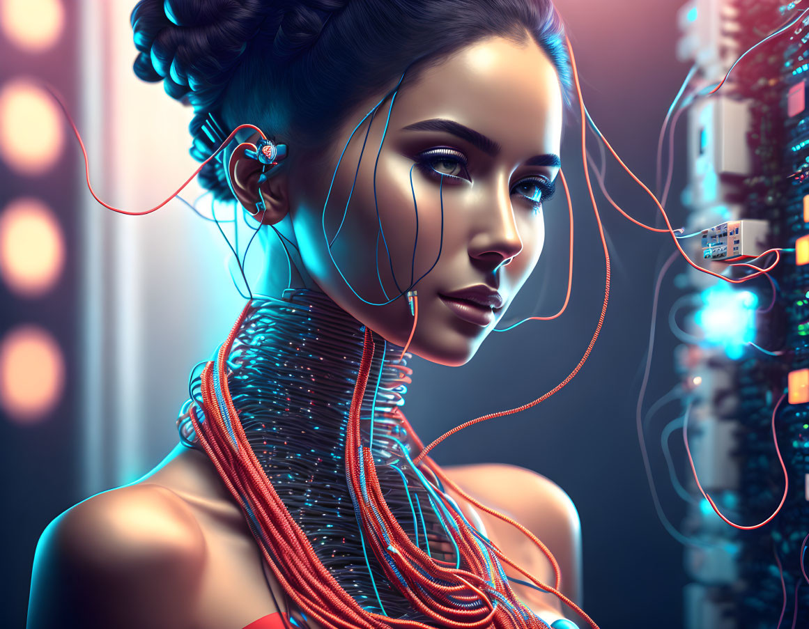 Futuristic digital art: Woman with cybernetic enhancements & glowing wires.