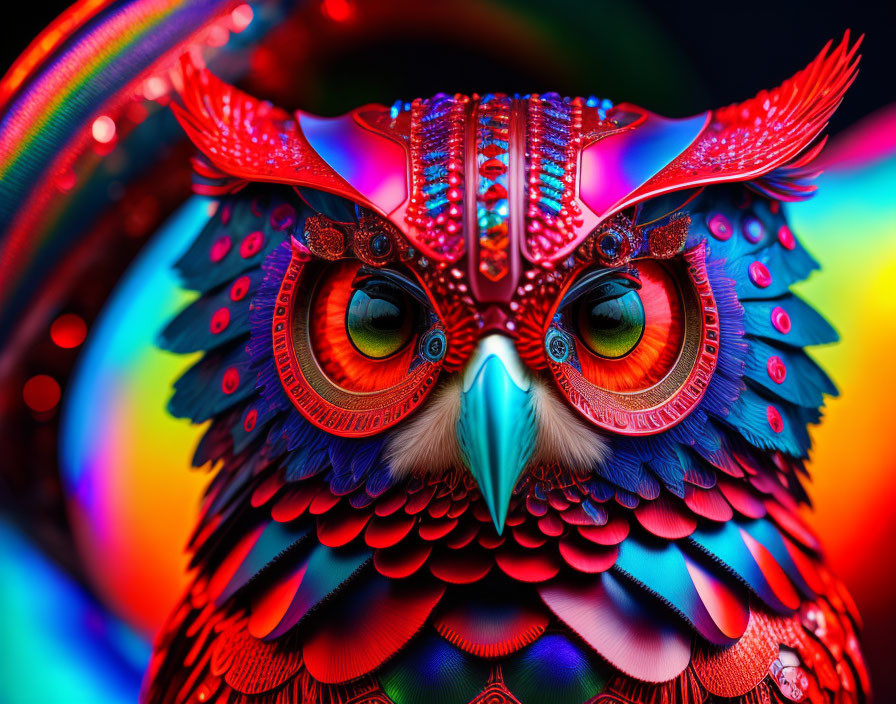 Colorful Owl Artwork with Neon-Like Lighting and Detailed Patterns