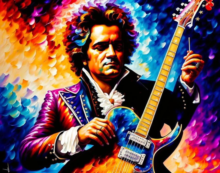 Colorful painting of man with guitar in classical attire and rock elements on abstract background