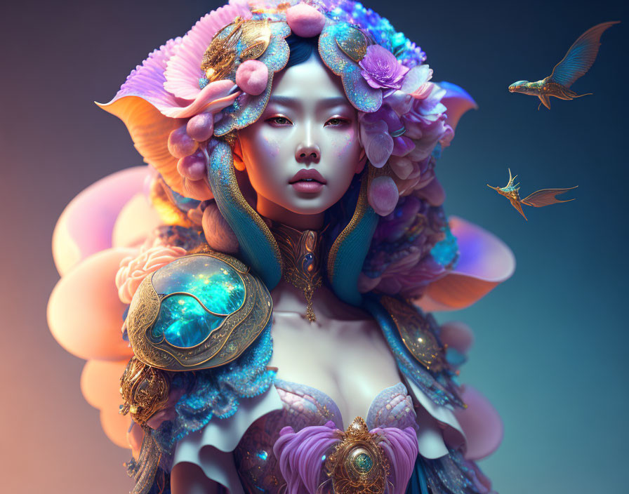 Colorful Fantasy Portrait of Woman with Floral Accessories and Hummingbirds